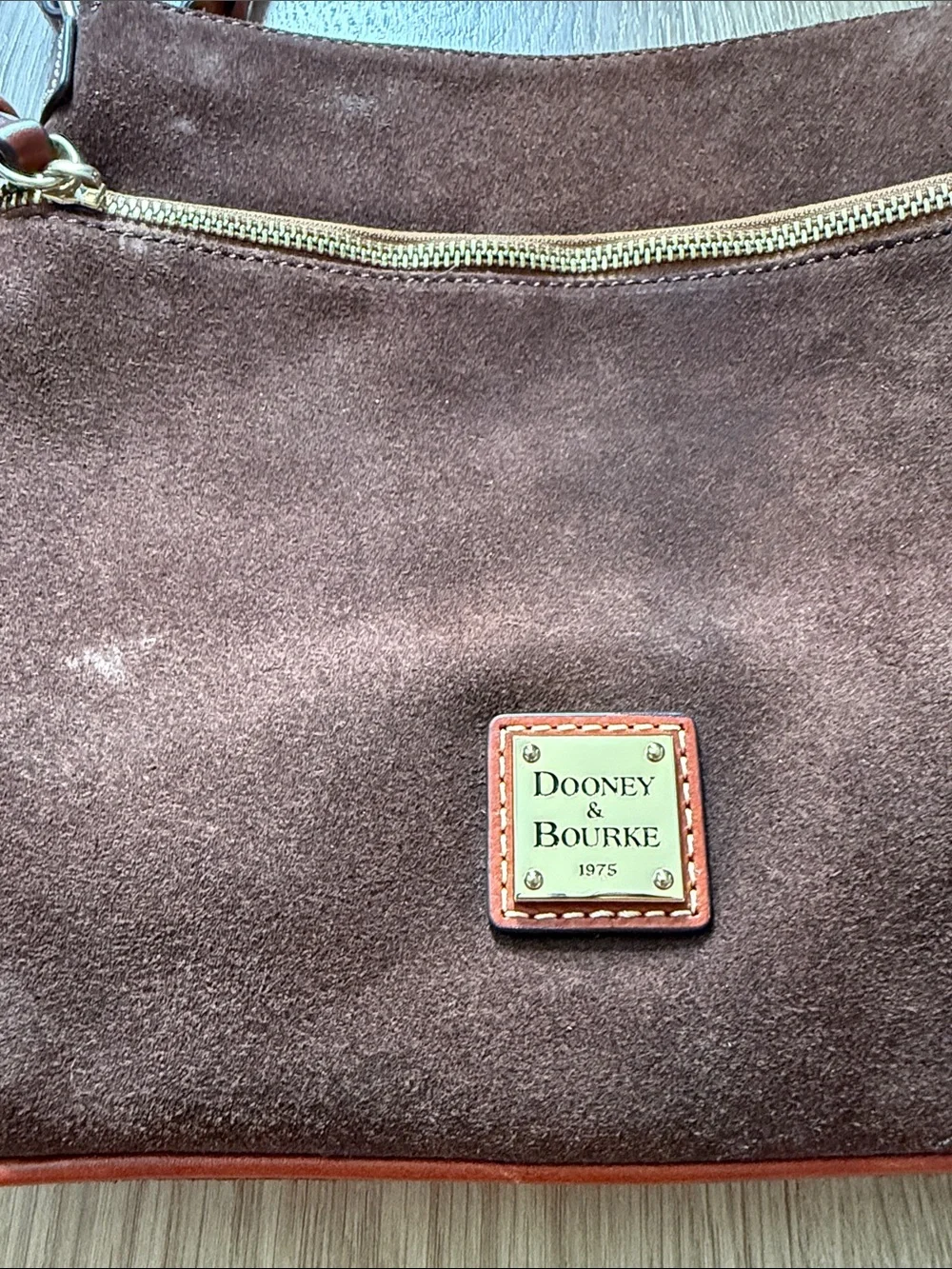 Dooney & Bourke Dark Brown Suede Messenger Bag with Tan Leather Trim